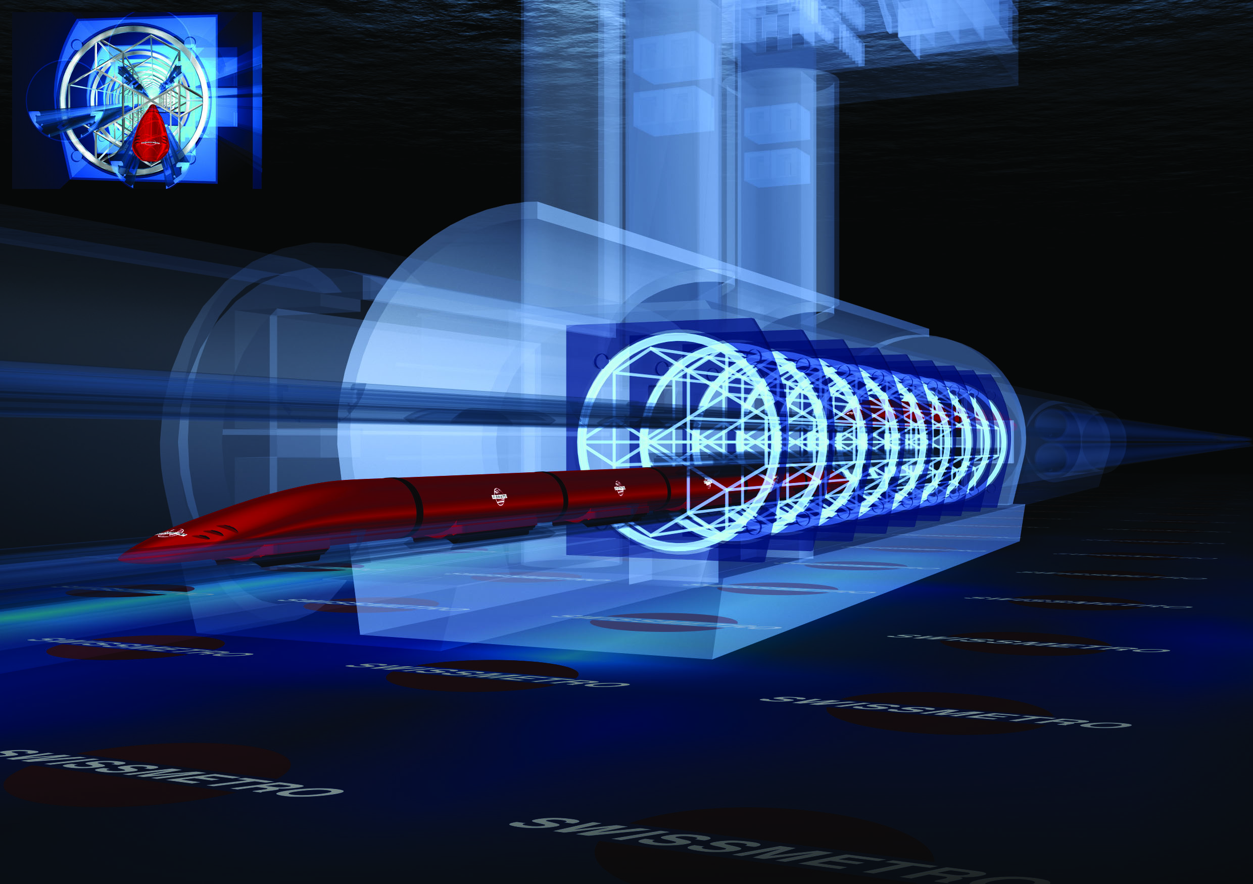 Das Swissmetro- (oder Eurometro-) Fahrzeug in der Station mit Drehtrommel (für Richtungswechsel)